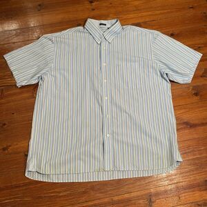 IZOD EASY CARE Men's Button Down Blue Yellow Striped Short Sleeve Shirt XL